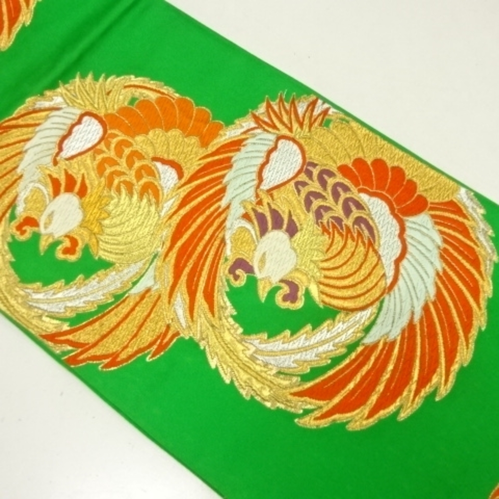 Vibrant Green Obi with Phoenix Design